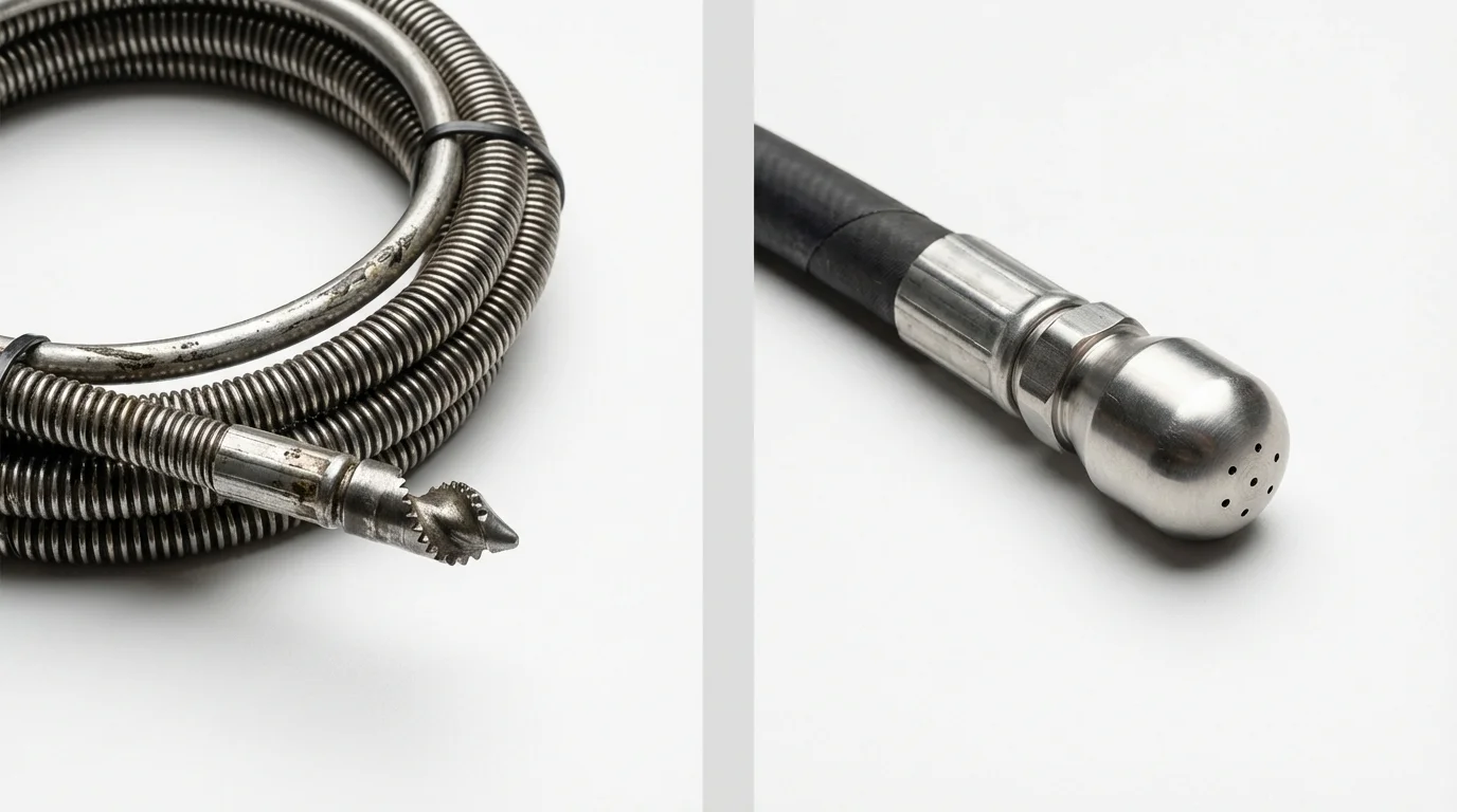 Drain snake cable and hydro jetting nozzle used for drain cleaning in Columbus, KS