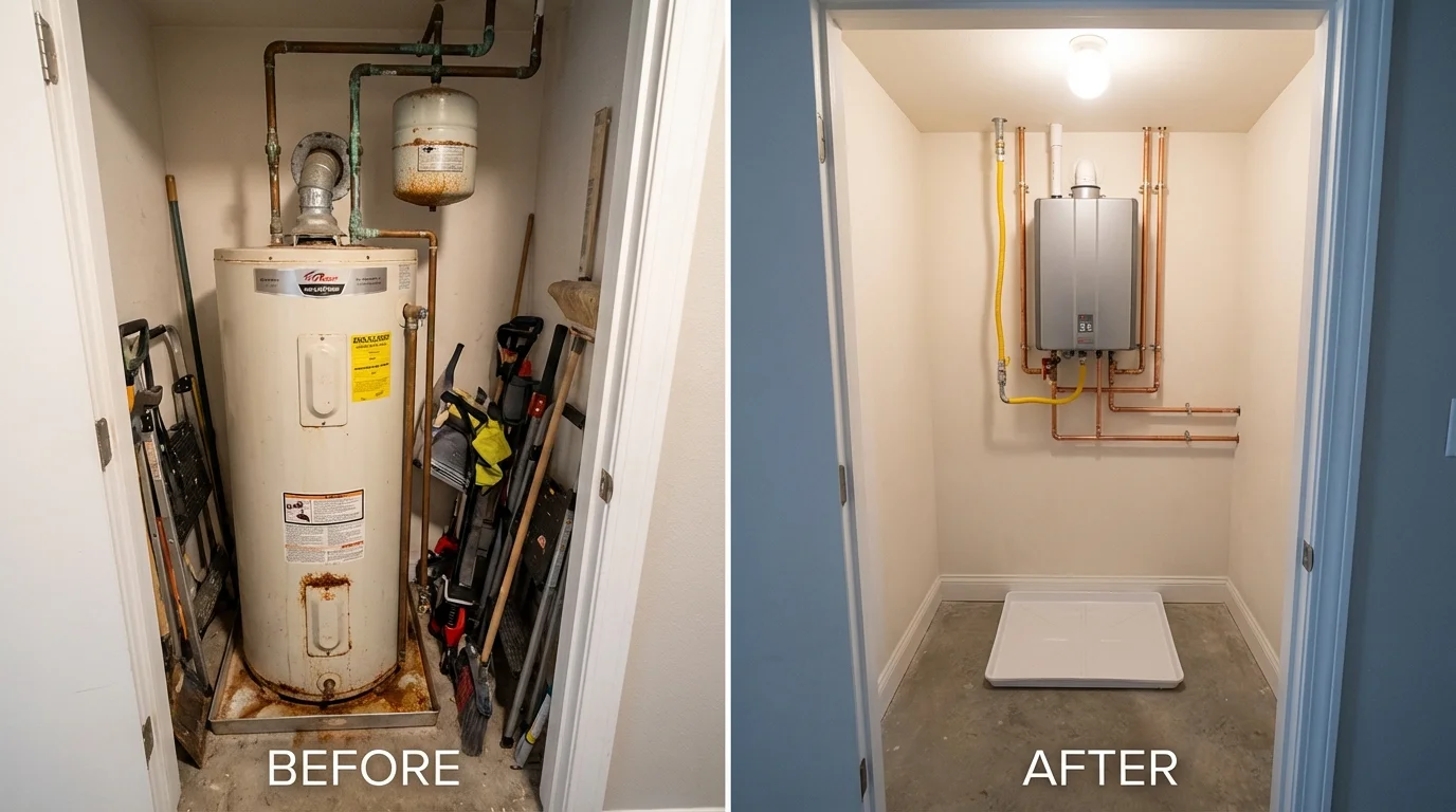 Tank water heater versus wall-mounted tankless unit comparison for Columbus, KS homeowners